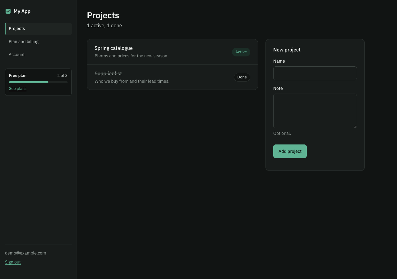 The Vomini App Starter running on a laptop before any change: a Projects page with two example projects, a form to add a project, a free-plan usage bar, and links to Plan and billing and Account.
